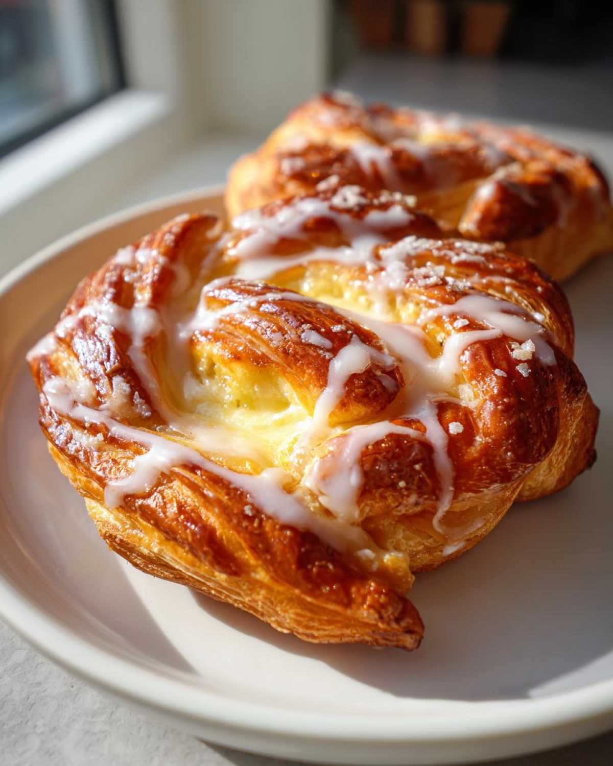 Close-up of a golden brown Cheese Danish pastry with a creamy white icing drizzle and a hint of sugar crystals.