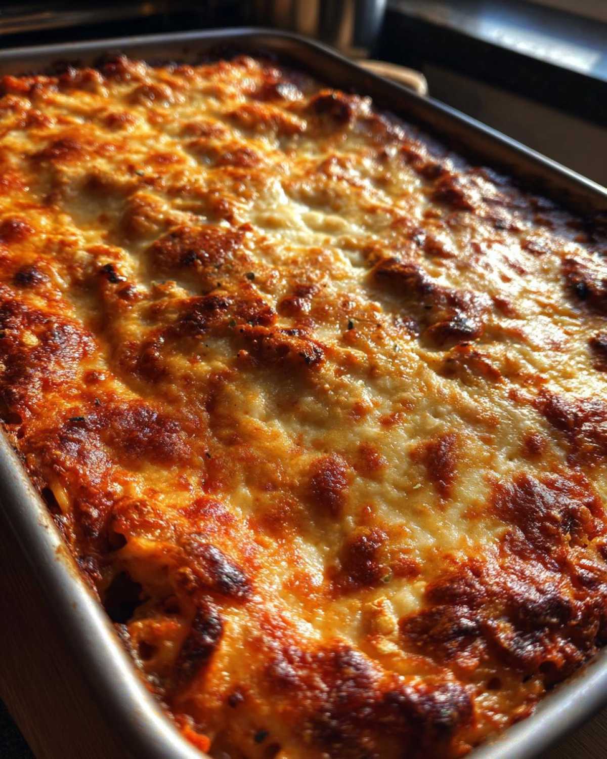 Close-up of a bubbling, golden brown cheesy baked spaghetti casserole in a baking dish.