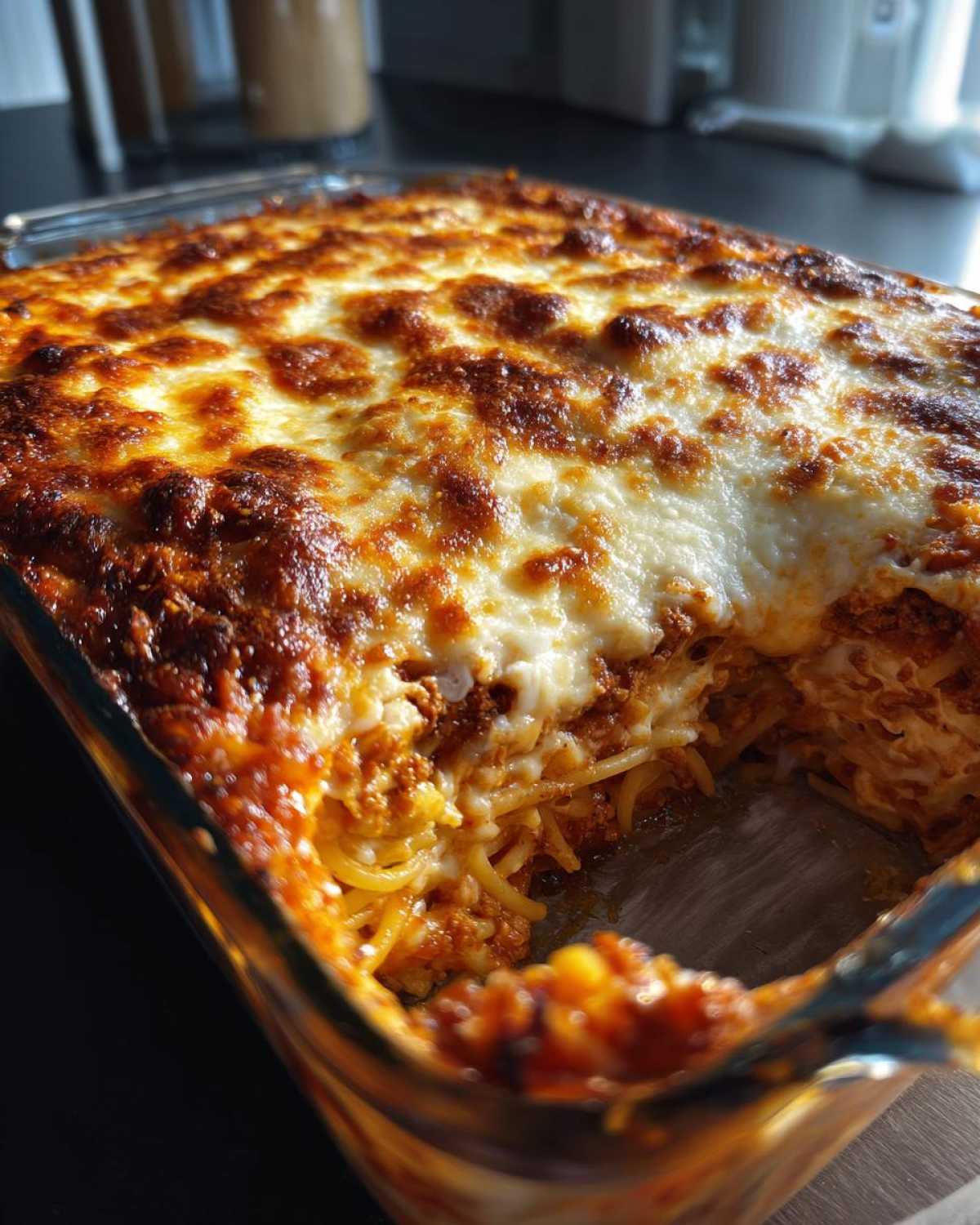 Close-up of a golden-brown, cheesy baked spaghetti casserole in a glass dish, with a portion removed.