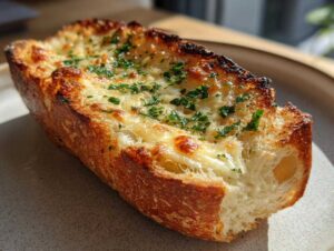 A close-up of a golden-brown loaf of cheesy garlic bread, topped with melted cheese and fresh parsley.