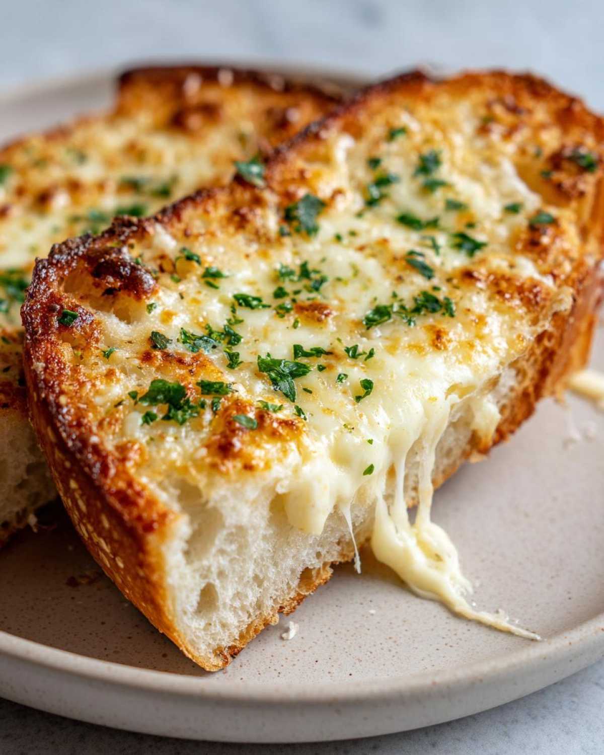 Close-up of a slice of cheesy garlic bread, with melted cheese dripping down the side and sprinkled with parsley.