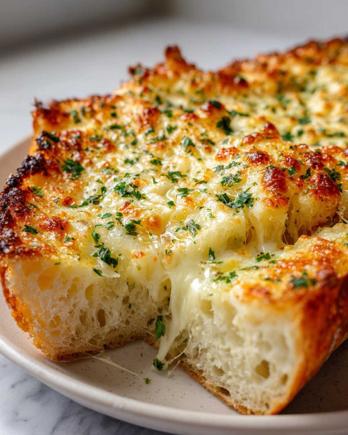 Close-up of a slice of cheesy garlic bread, with melted cheese stretching and sprinkled with fresh parsley.
