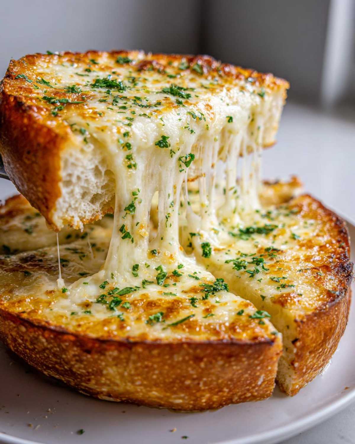 A slice of cheesy garlic bread being lifted, with long strands of melted mozzarella cheese stretching.