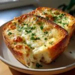 Close-up of golden-brown Cheesy Garlic Bread, topped with melted mozzarella and fresh parsley.