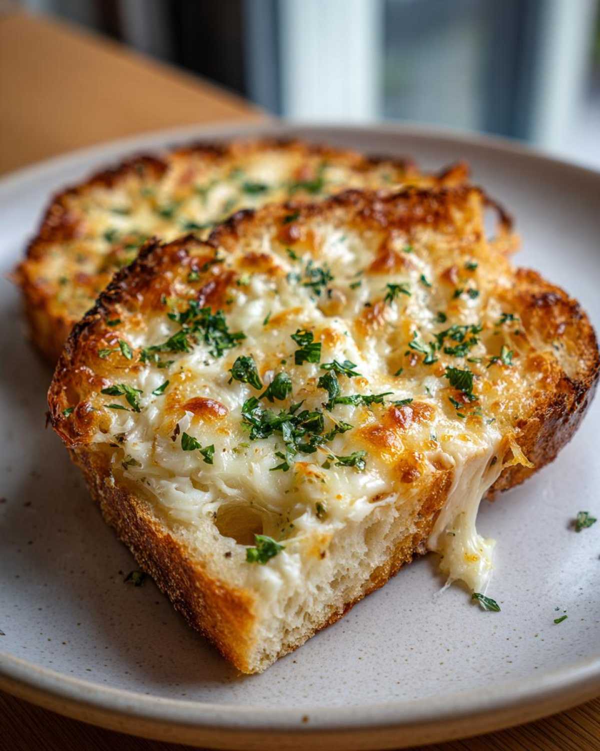Close-up of a slice of cheesy garlic bread, with melted cheese oozing out and sprinkled with parsley.