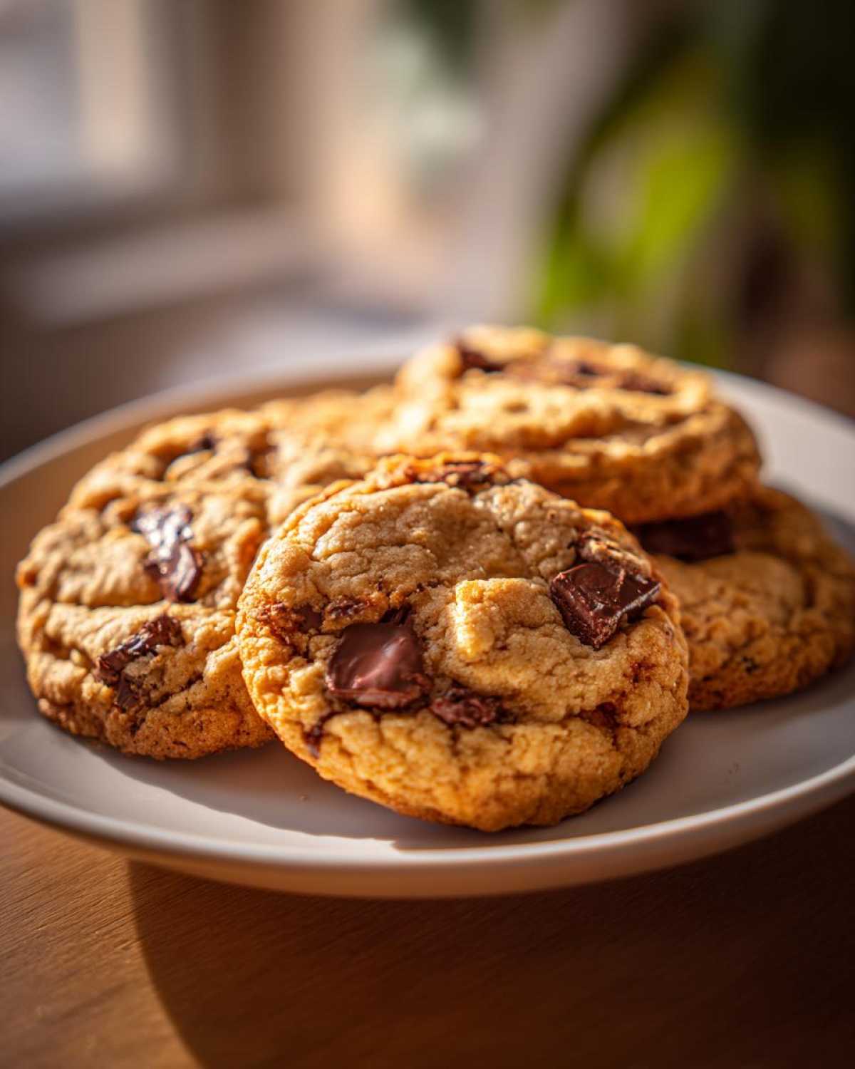 Close-up of several chewy chocolate chip cookies on a white plate, with visible chocolate chunks.