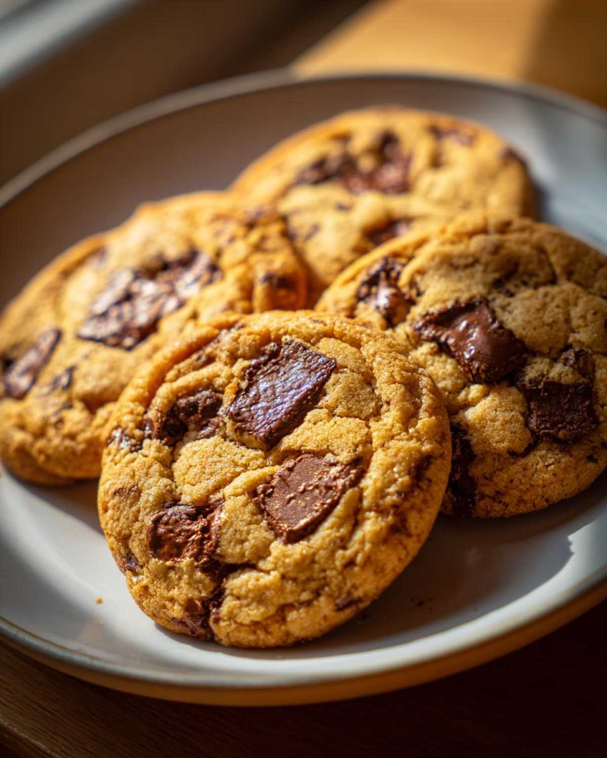 Close-up of several chewy chocolate chip cookies with large chocolate chunks on a plate.