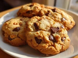 Close-up of three perfectly chewy chocolate chip cookies on a white plate, with visible chocolate chunks.