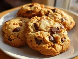 Close-up of three perfectly chewy chocolate chip cookies on a white plate, with visible chocolate chunks.