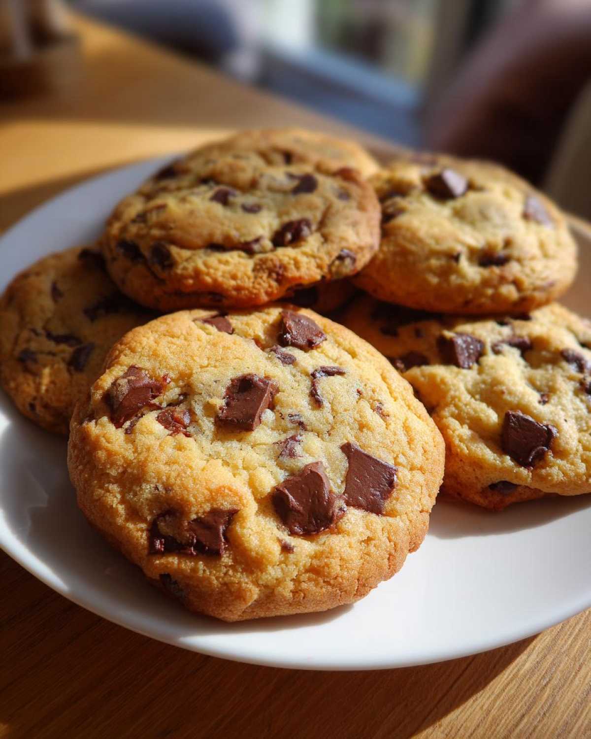 A close-up of several chewy chocolate chip cookies piled on a white plate, showcasing generous chocolate chunks.