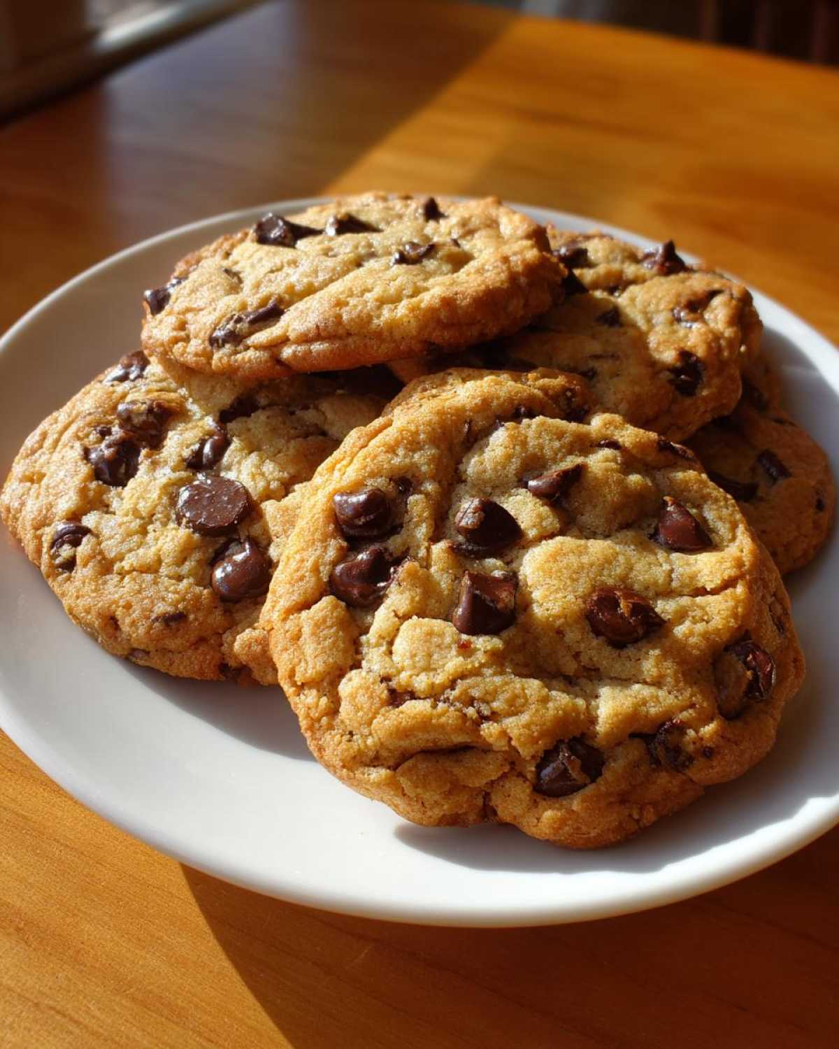 A stack of delicious, freshly baked chewy chocolate chip cookies on a white plate, with visible chocolate chips.