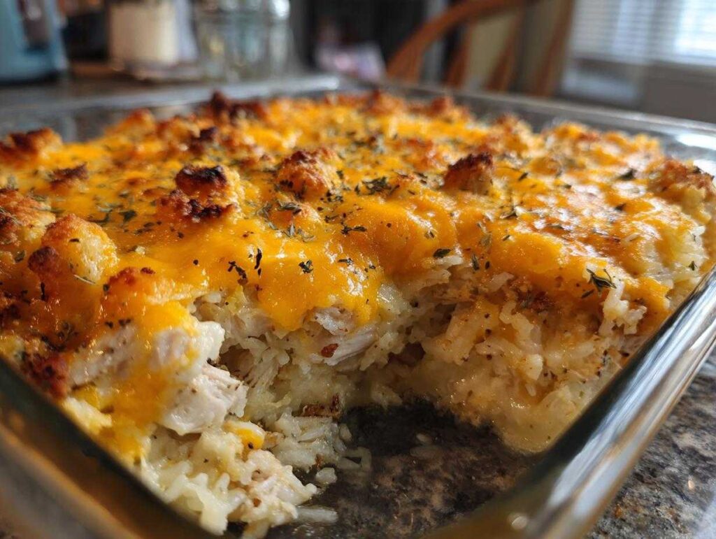Close-up of a creamy chicken and rice casserole topped with melted cheddar cheese and herbs.