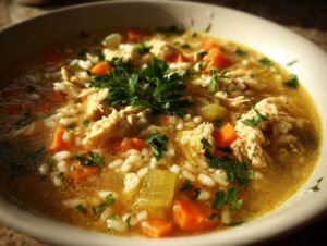 A close-up shot of a bowl of hearty chicken and rice soup, filled with shredded chicken, rice, carrots, and parsley.