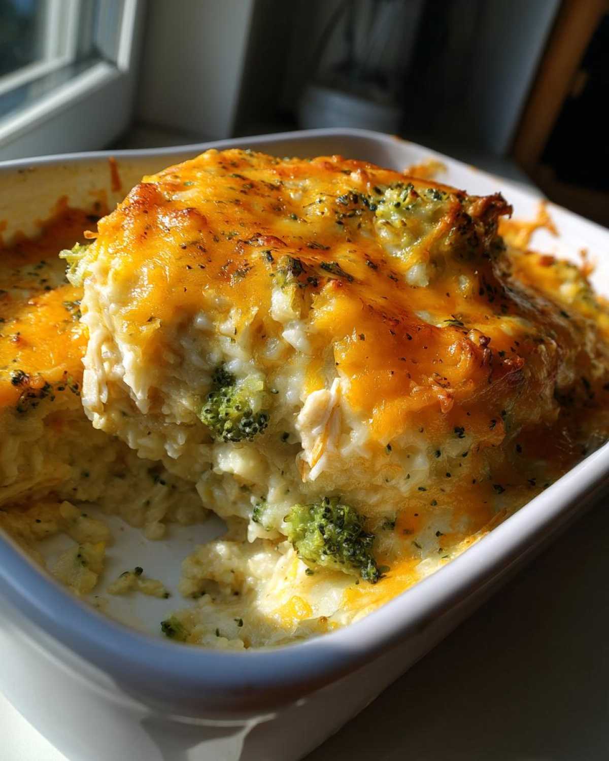 A scoop of creamy chicken cauliflower rice casserole with broccoli florets and melted cheddar cheese.