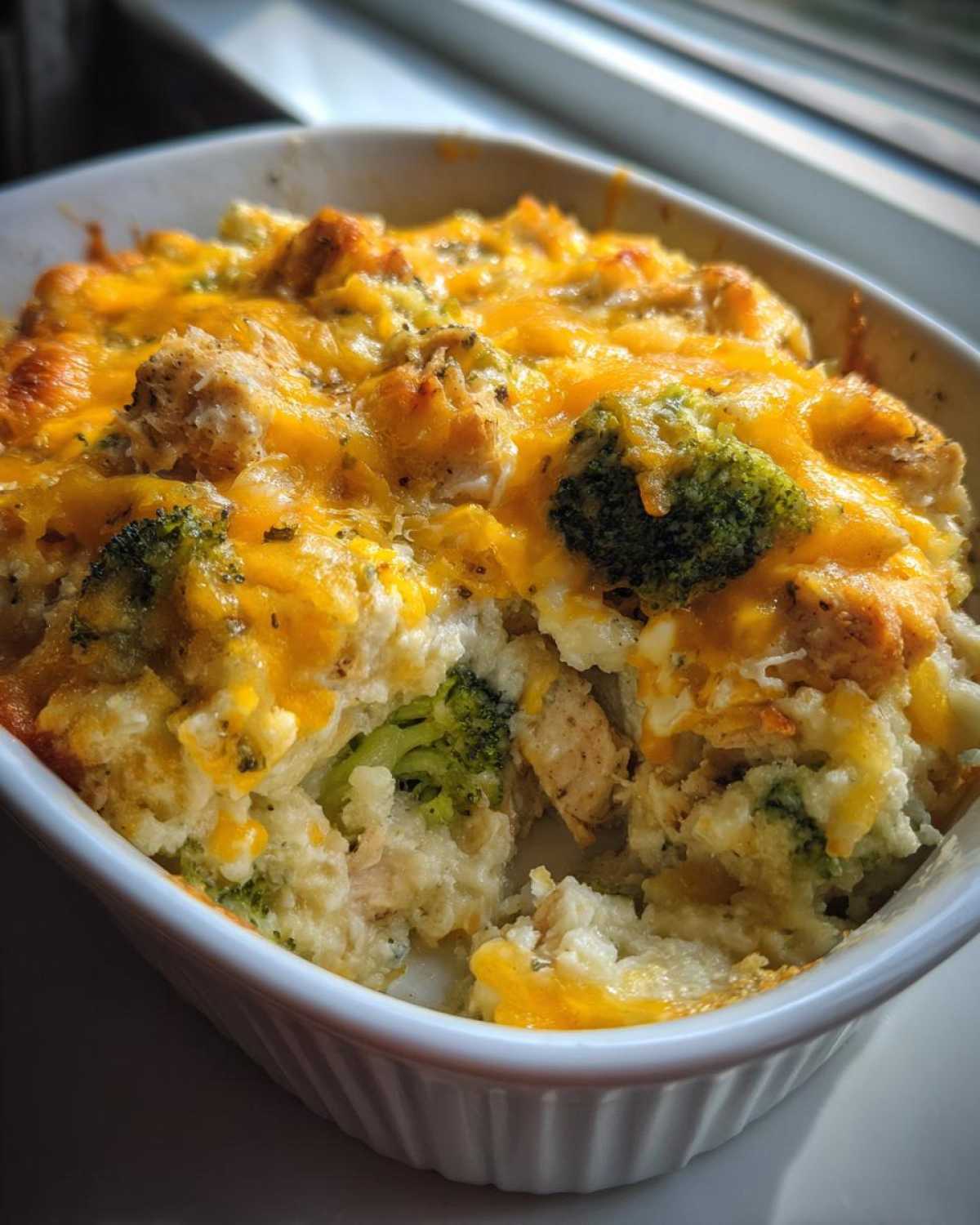 A close-up of a creamy chicken cauliflower rice casserole with broccoli florets and melted cheese.