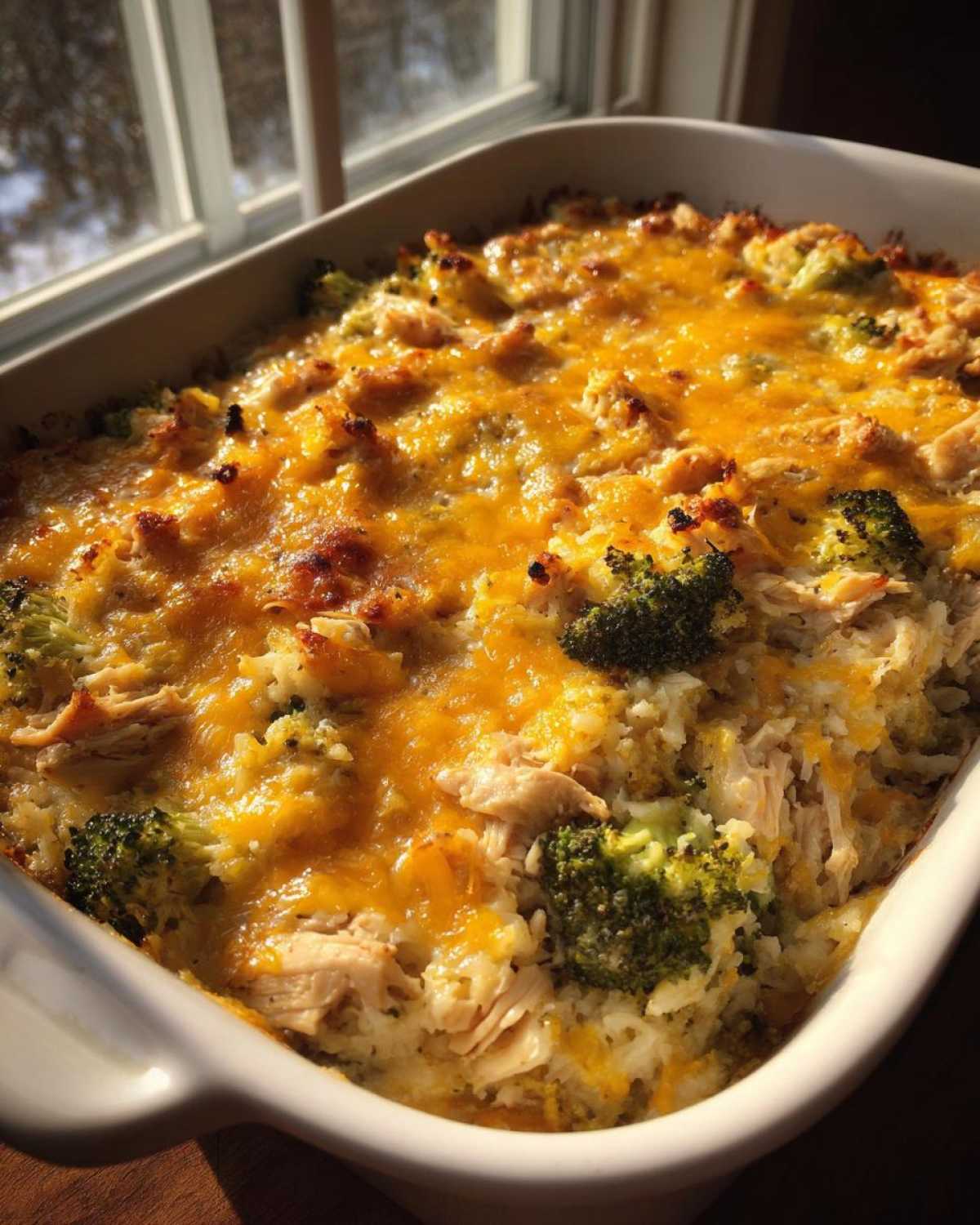 A close-up of a creamy chicken cauliflower rice casserole topped with melted cheddar cheese and broccoli florets.
