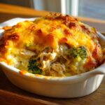 A close-up of a creamy chicken cauliflower rice casserole topped with melted golden cheese and broccoli florets.
