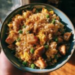 A close-up overhead shot of a bowl filled with savory chicken fried rice, featuring tender chicken pieces, scrambled eggs, and bright green peas.