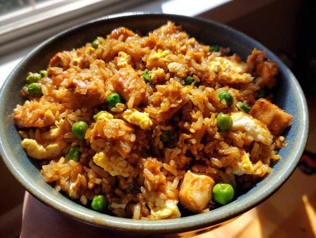 A close-up shot of a bowl filled with savory chicken fried rice, featuring tender chicken pieces, scrambled eggs, and bright green peas.