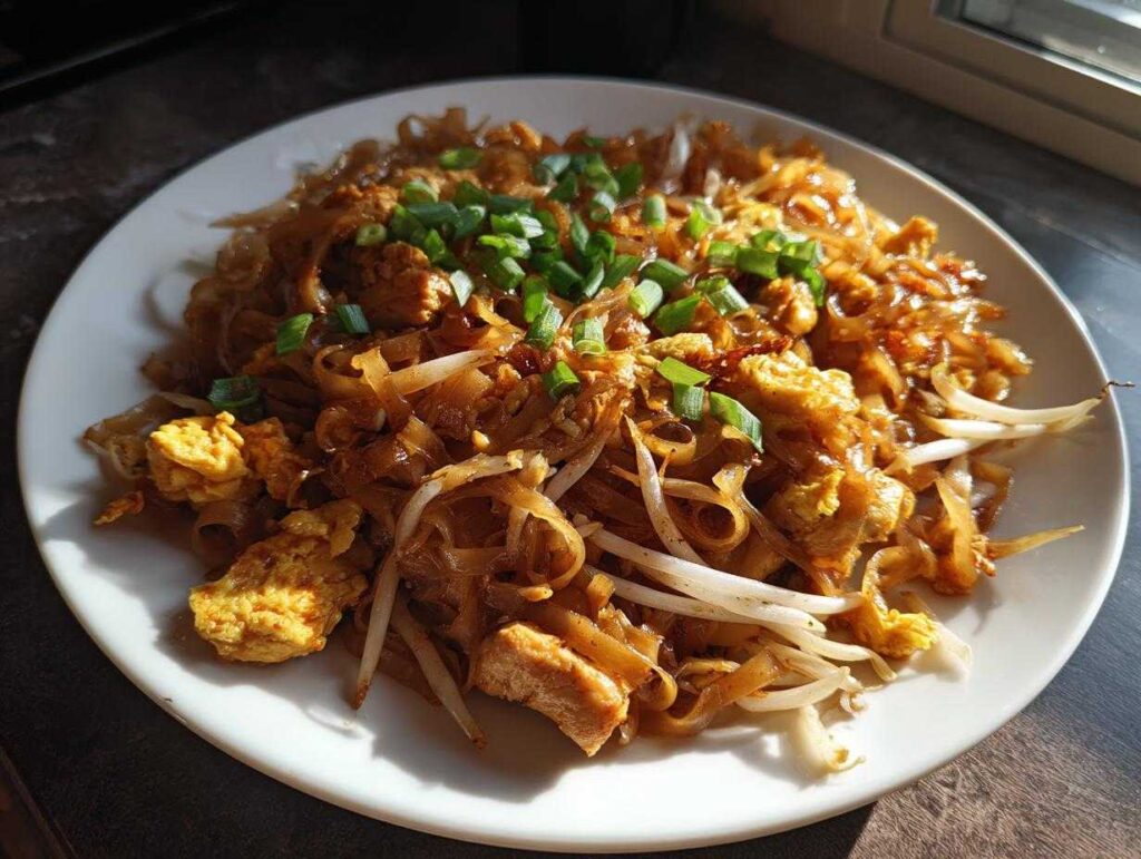 A close-up of a white plate filled with Chicken Pad Thai, featuring noodles, scrambled egg, bean sprouts, and green onions.