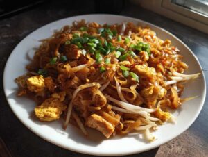A close-up of a white plate filled with Chicken Pad Thai, featuring noodles, scrambled egg, bean sprouts, and green onions.