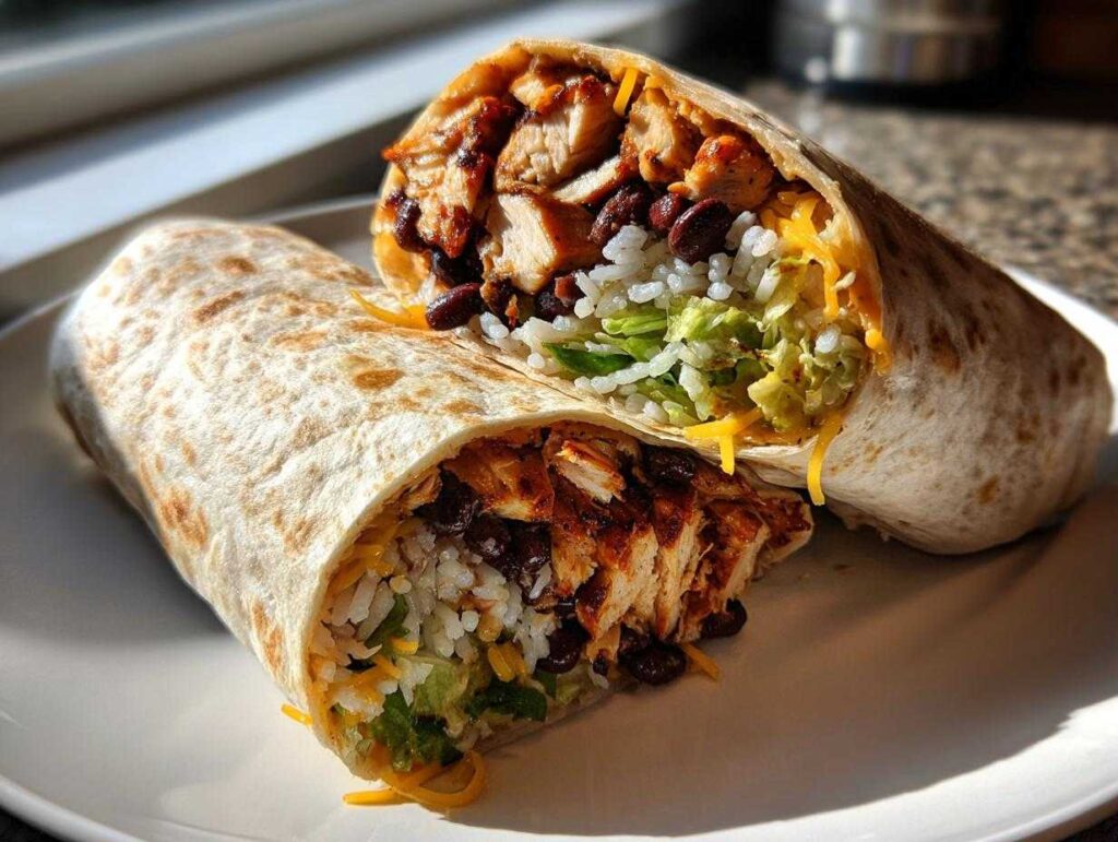 A delicious Chipotle Ranch Grilled Chicken Burrito, cut in half to show grilled chicken, rice, beans, cheese, and guacamole.