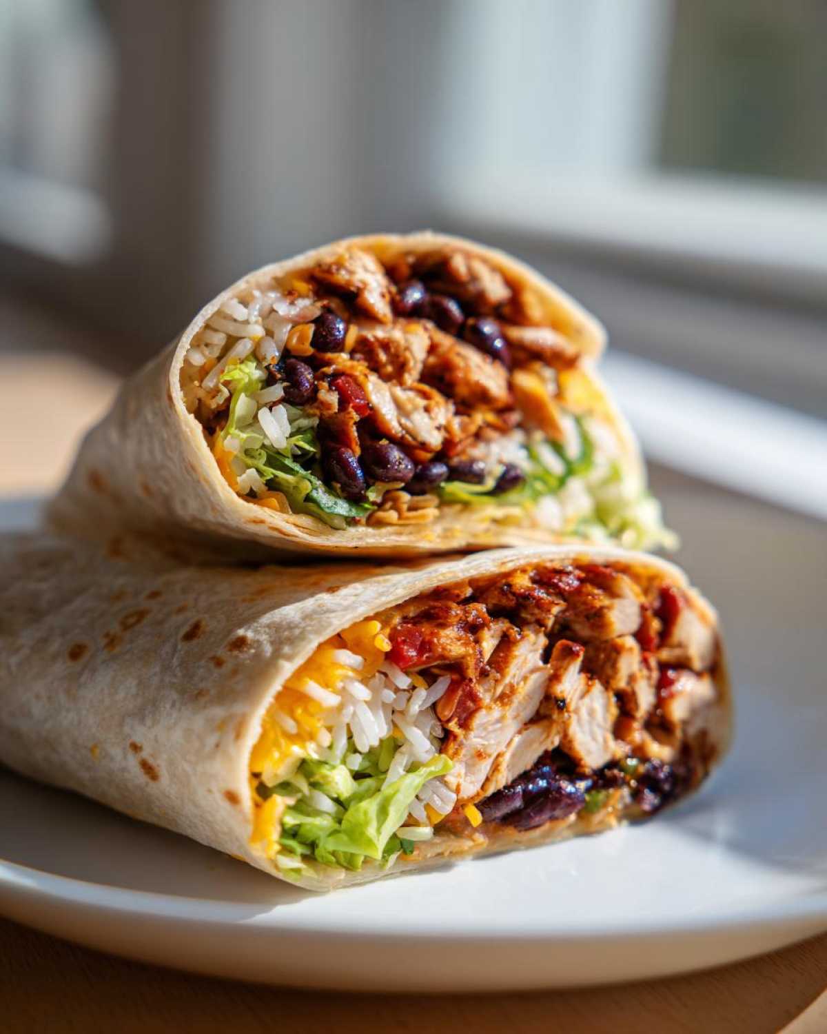 A close-up of a Chipotle Ranch Grilled Chicken Burrito, sliced in half to reveal chicken, rice, beans, and lettuce.