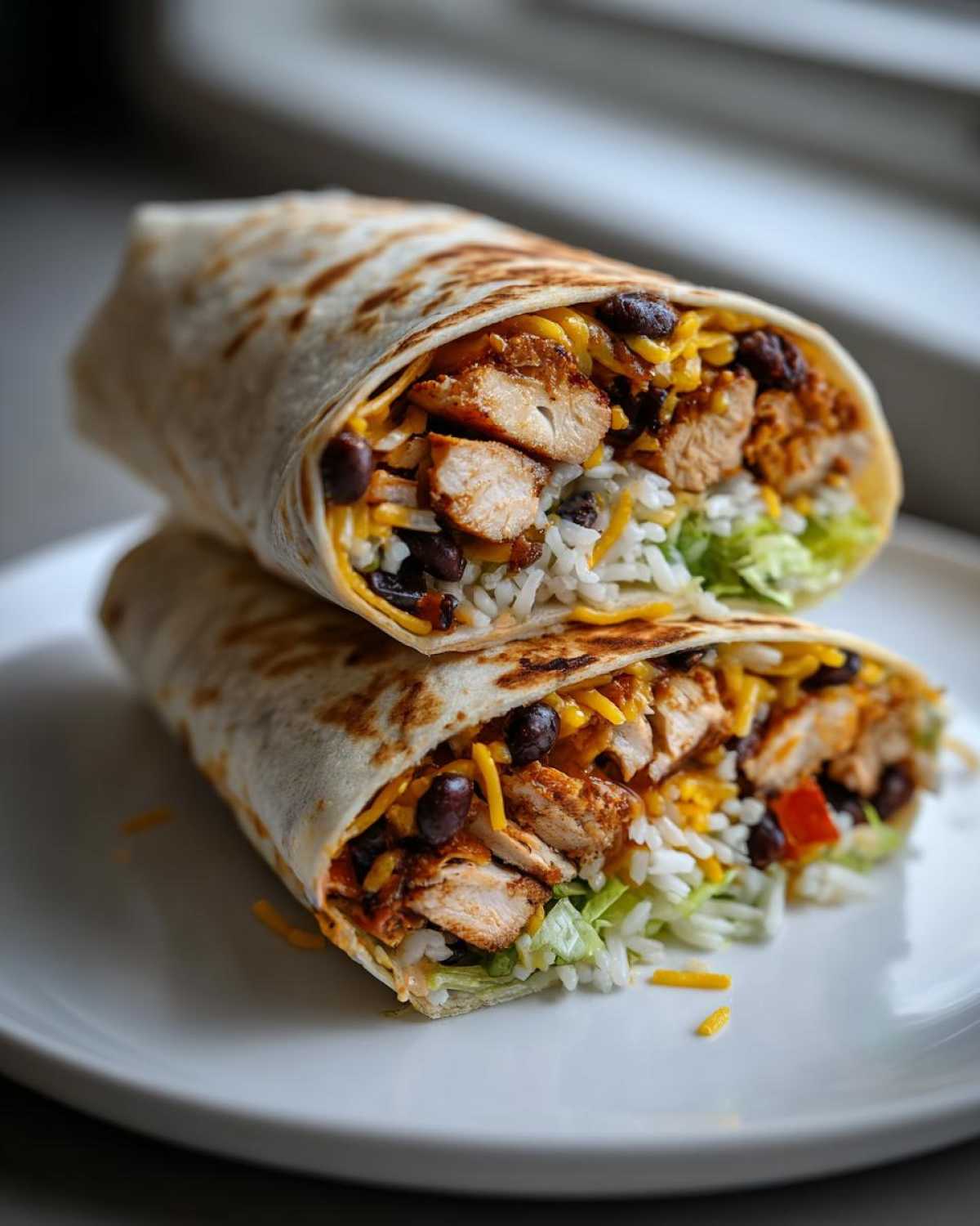 A close-up of a Chipotle Ranch Grilled Chicken Burrito cut in half, revealing seasoned chicken, rice, black beans, cheese, and lettuce.