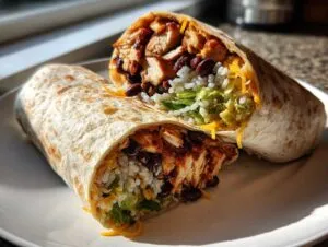 A delicious Chipotle Ranch Grilled Chicken Burrito, cut in half to show grilled chicken, rice, beans, cheese, and guacamole.