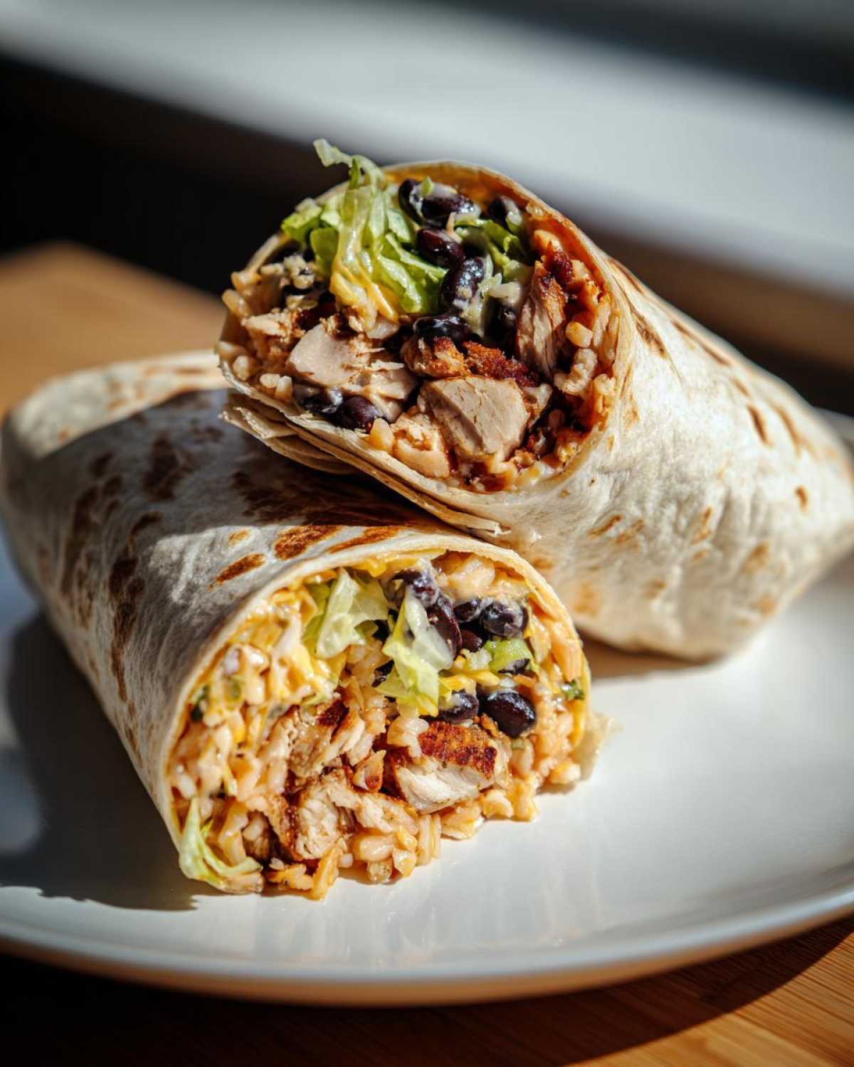 A delicious Chipotle Ranch Grilled Chicken Burrito cut in half, showing rice, beans, chicken, and lettuce.
