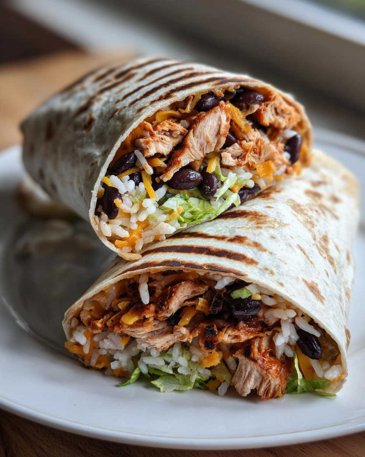 A delicious Chipotle Ranch Grilled Chicken Burrito cut in half, showing shredded chicken, rice, black beans, cheese, and lettuce.