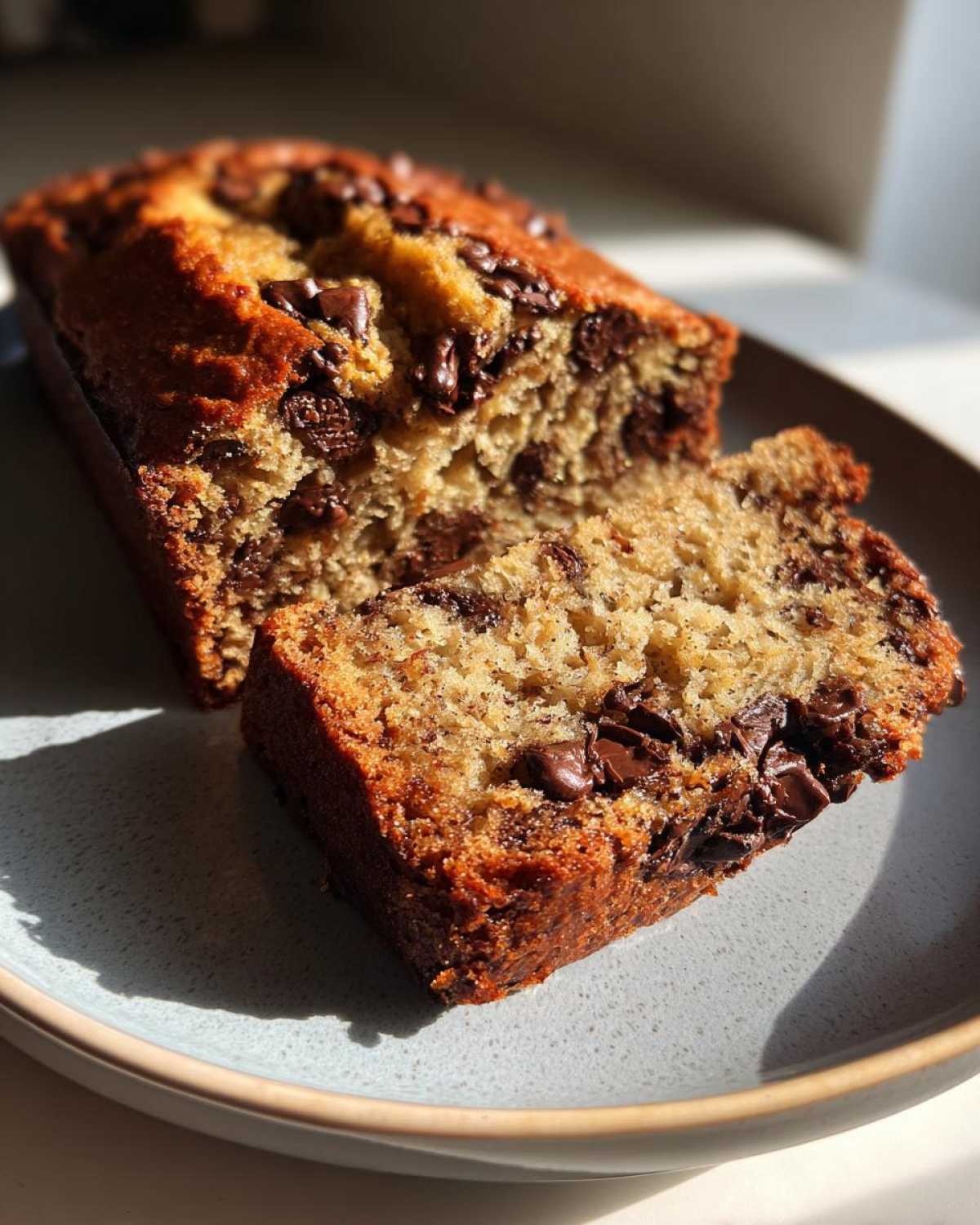 A close-up of a moist chocolate chip banana bread slice on a plate, showcasing melted chocolate chips.