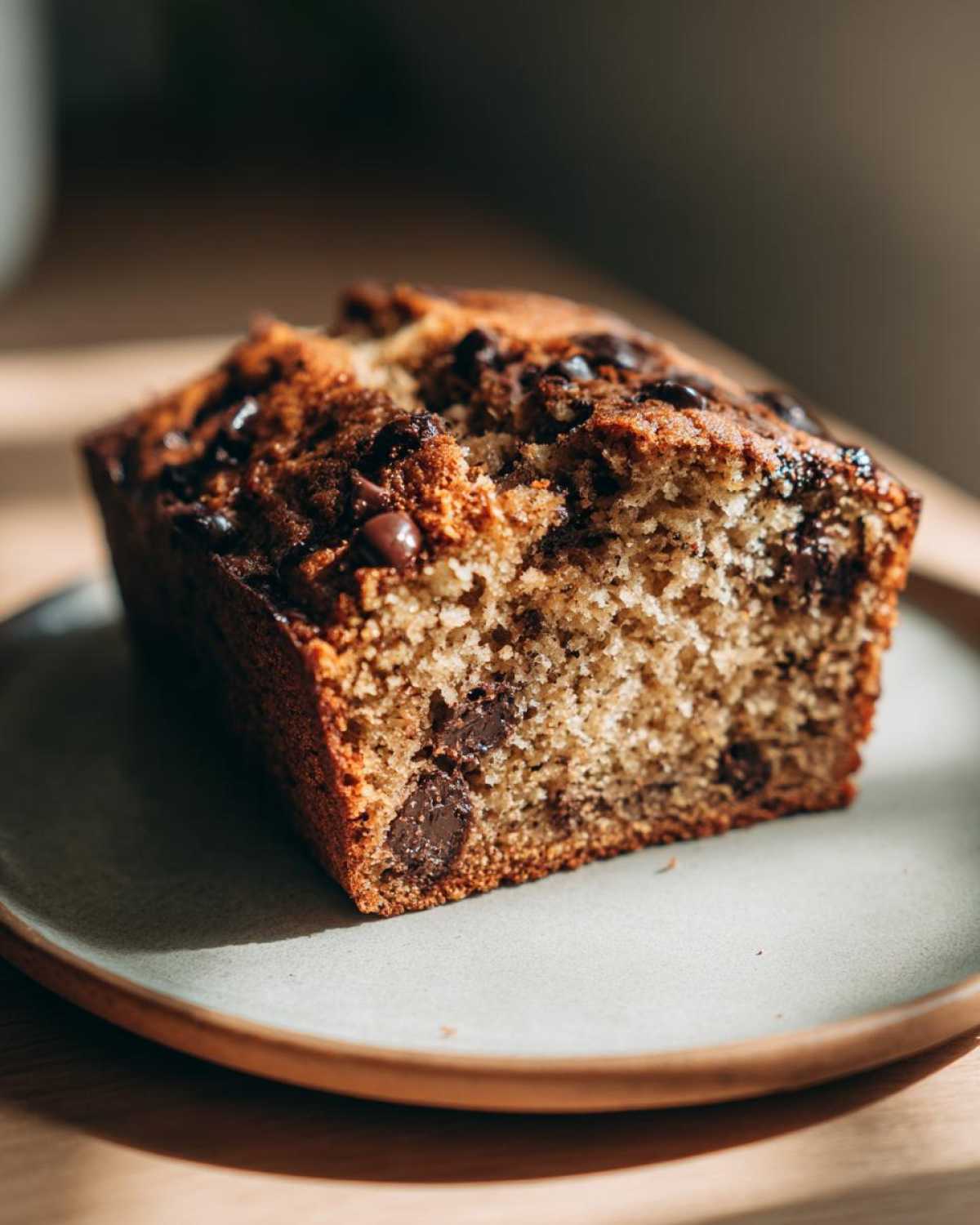 A close-up of a slice of moist chocolate chip banana bread on a plate, showcasing chunks of melted chocolate.