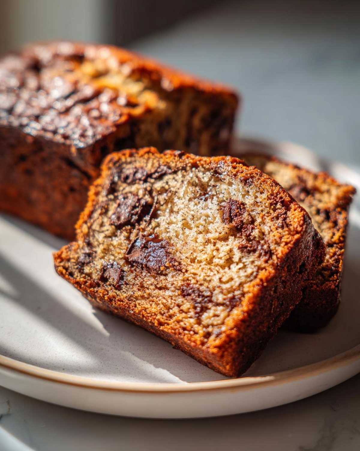 Close-up of moist chocolate chip banana bread slices on a plate, showing melted chocolate chips throughout.