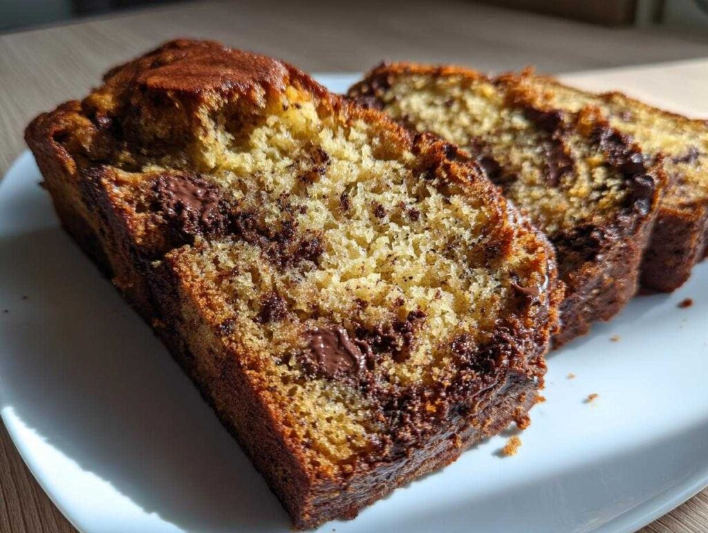 Close-up of moist chocolate chip banana bread slices on a white plate, showing chunks of melted chocolate.
