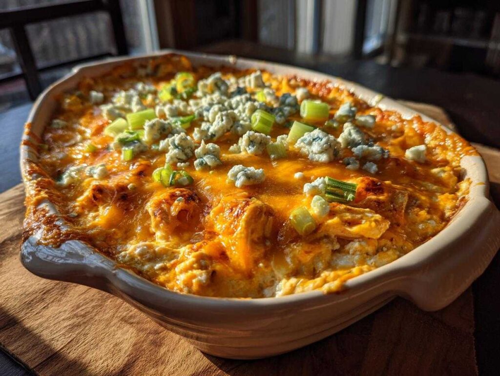 A close-up of a bubbly, cheesy classic Buffalo chicken dip in a baking dish, topped with blue cheese crumbles and green onions.