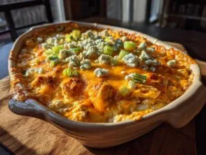 A close-up of a bubbly, cheesy classic Buffalo chicken dip in a baking dish, topped with blue cheese crumbles and green onions.