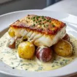 A perfectly cooked fillet of cod and baby potatoes served in a rich rosemary cream sauce, garnished with chives.