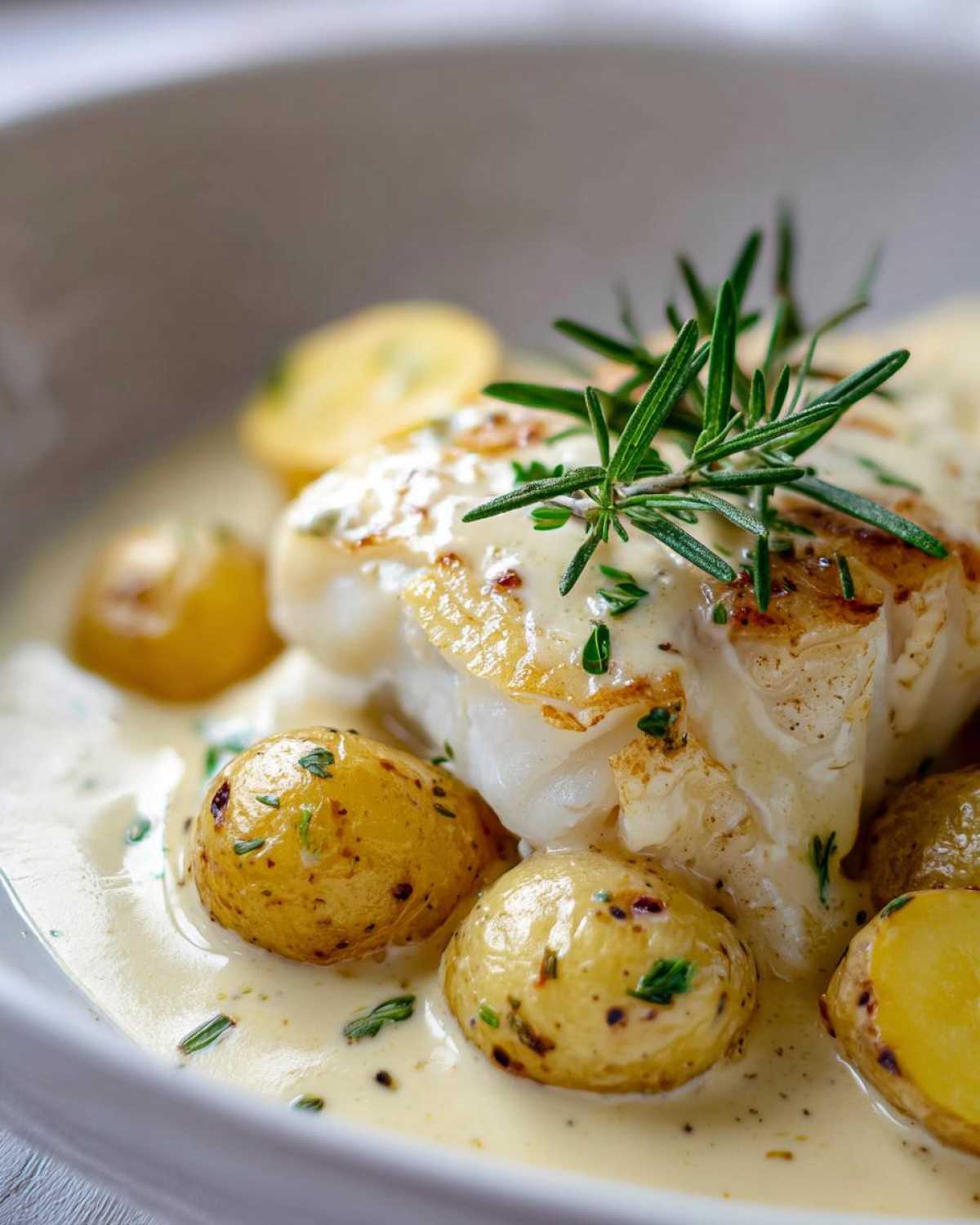 Close-up of flaky cod and small roasted potatoes in a rich rosemary cream sauce, garnished with fresh rosemary.