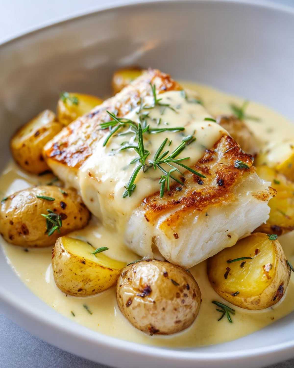 A close-up of a flaky cod fillet served with roasted potatoes in a creamy rosemary sauce.