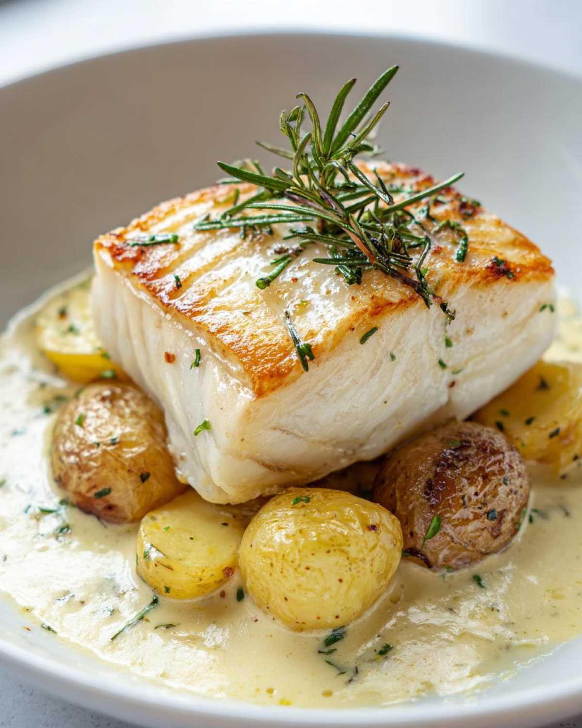 A perfectly cooked piece of cod sits atop small roasted potatoes in a rich rosemary cream sauce.