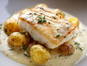A close-up of pan-seared cod and small roasted potatoes in a creamy rosemary sauce.