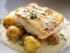 A close-up of pan-seared cod and small roasted potatoes in a creamy rosemary sauce.