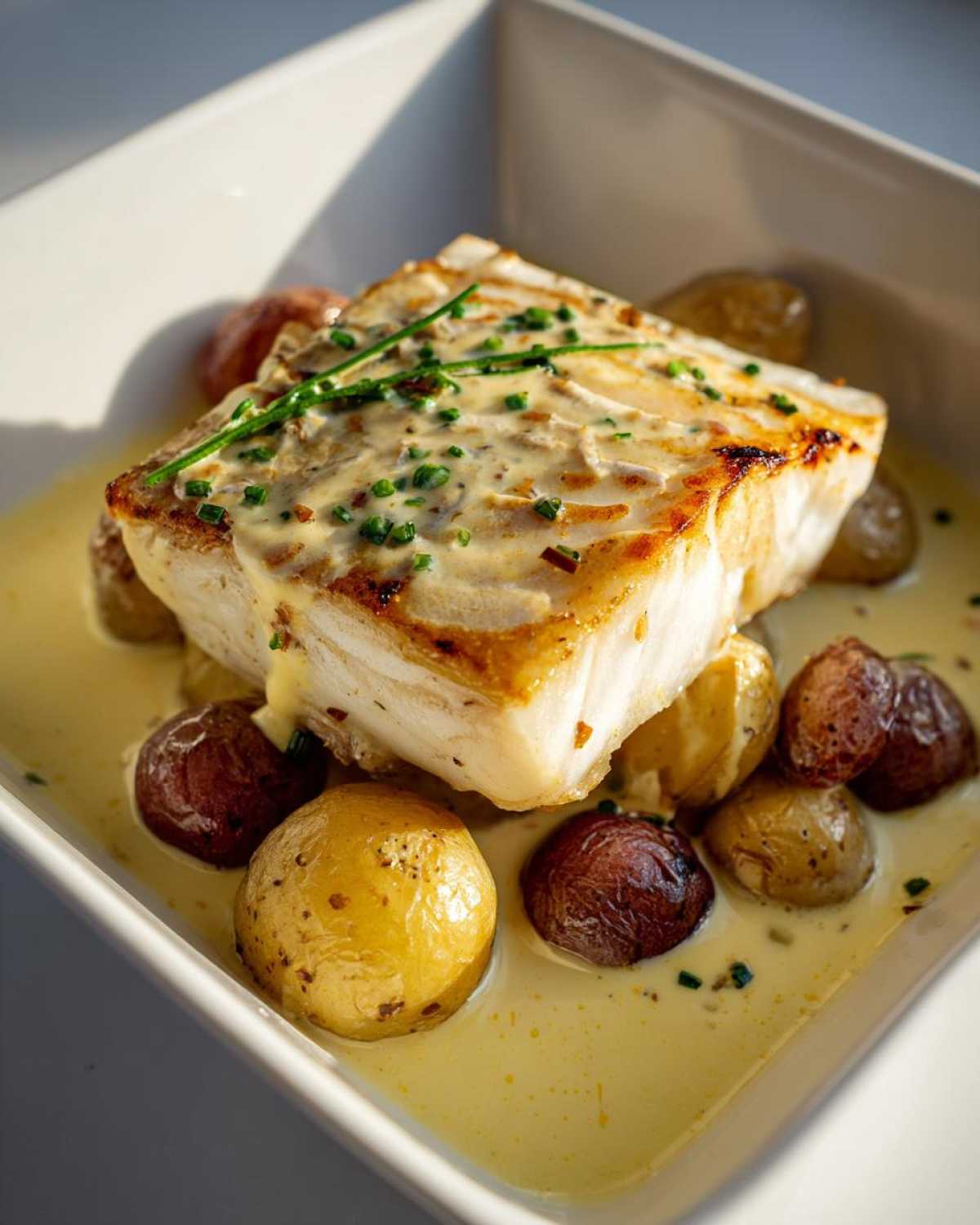 A perfectly cooked fillet of cod with rosemary cream sauce served over roasted potatoes.
