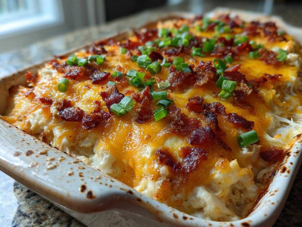 A close-up of a freshly baked crack chicken casserole topped with melted cheddar cheese, crispy bacon bits, and chopped green onions.