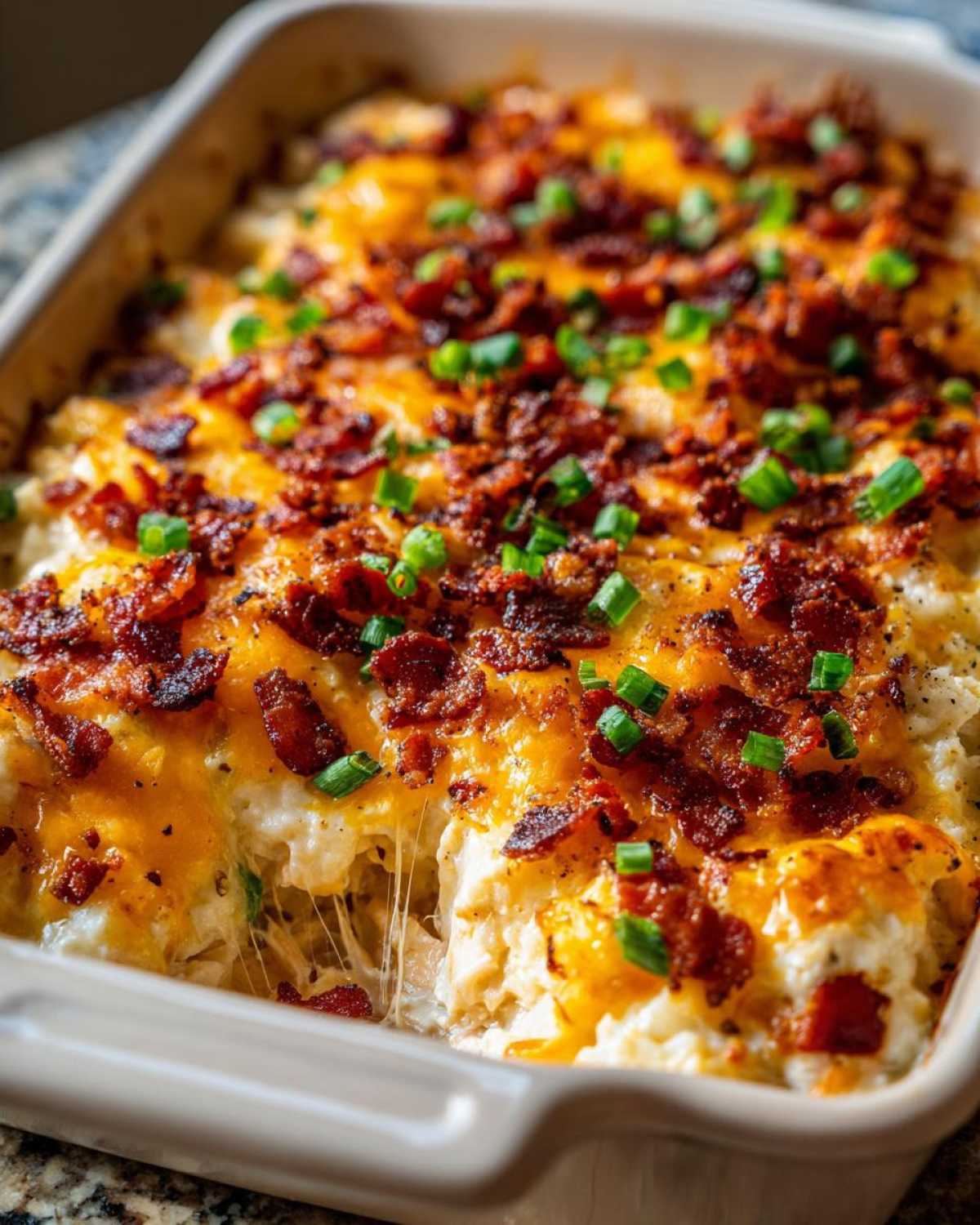 Close-up of a bubbling crack chicken casserole topped with melted cheddar cheese, crispy bacon bits, and chopped green onions.