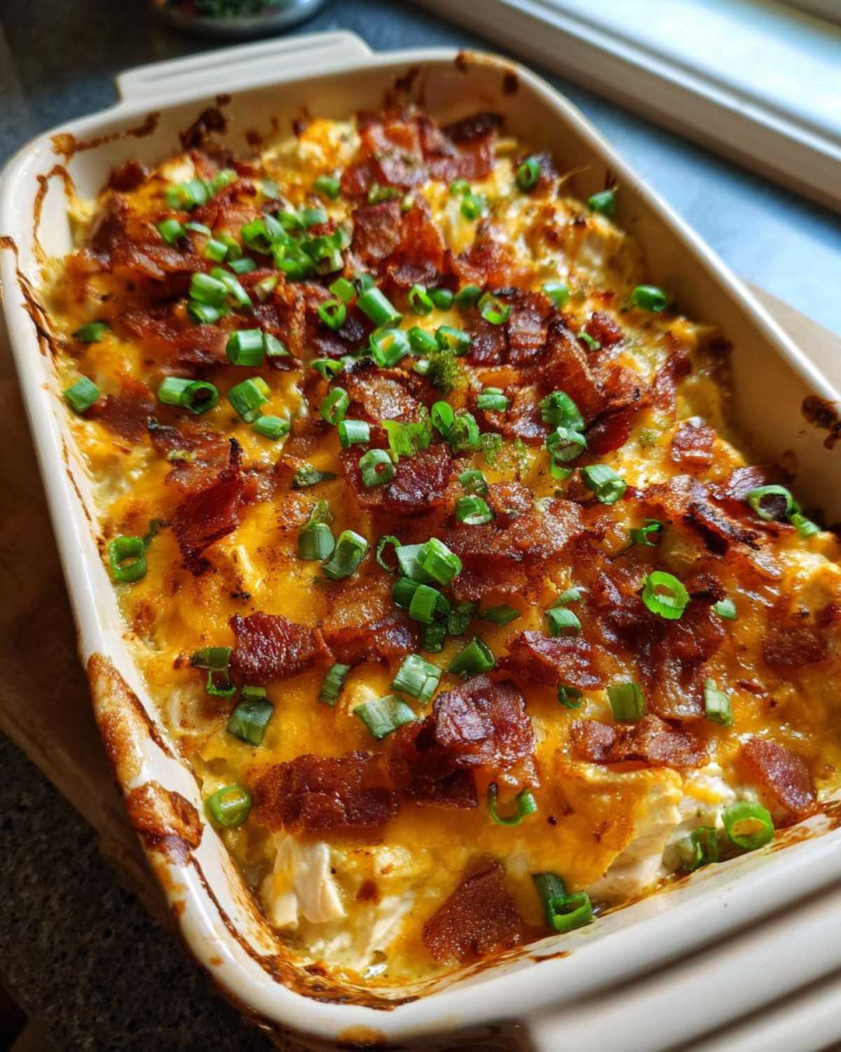 A close-up view of a baked crack chicken casserole topped with crispy bacon and fresh green onions.