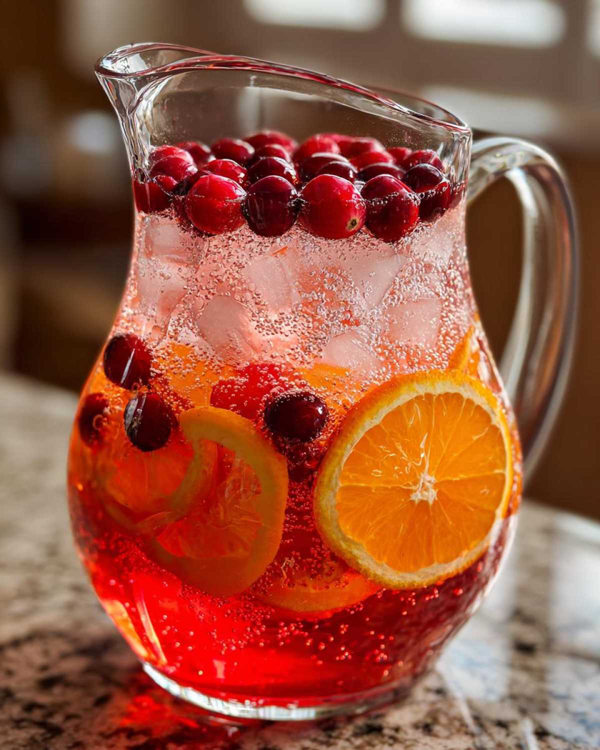 A clear glass pitcher filled with bubbly Cranberry Orange Punch, ice, fresh cranberries, and orange slices.