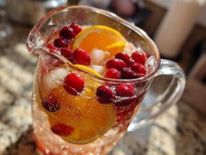 A clear glass pitcher filled with Cranberry Orange Punch, featuring fresh cranberries, orange slices, and ice cubes.