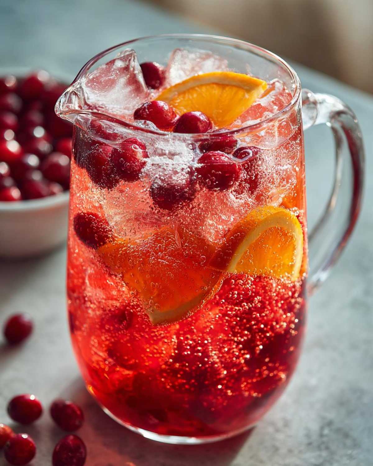 A clear pitcher filled with bubbly Cranberry Orange Punch, ice, fresh cranberries, and orange slices.